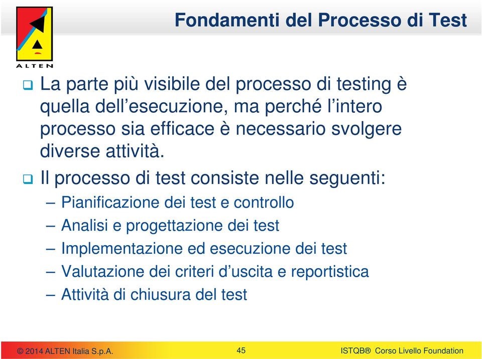 Il processo di test consiste nelle seguenti: Pianificazione dei test e controllo Analisi e progettazione