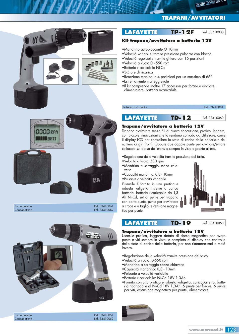 vuoto 0-550 rpm Batteria ricaricabile Ni-Cd 3-5 ore di ricarica Rotazione manico in 4 posizioni per un massimo di 66 Estremamente maneggievole Il kit comprende inoltre 17 accessori per forare e