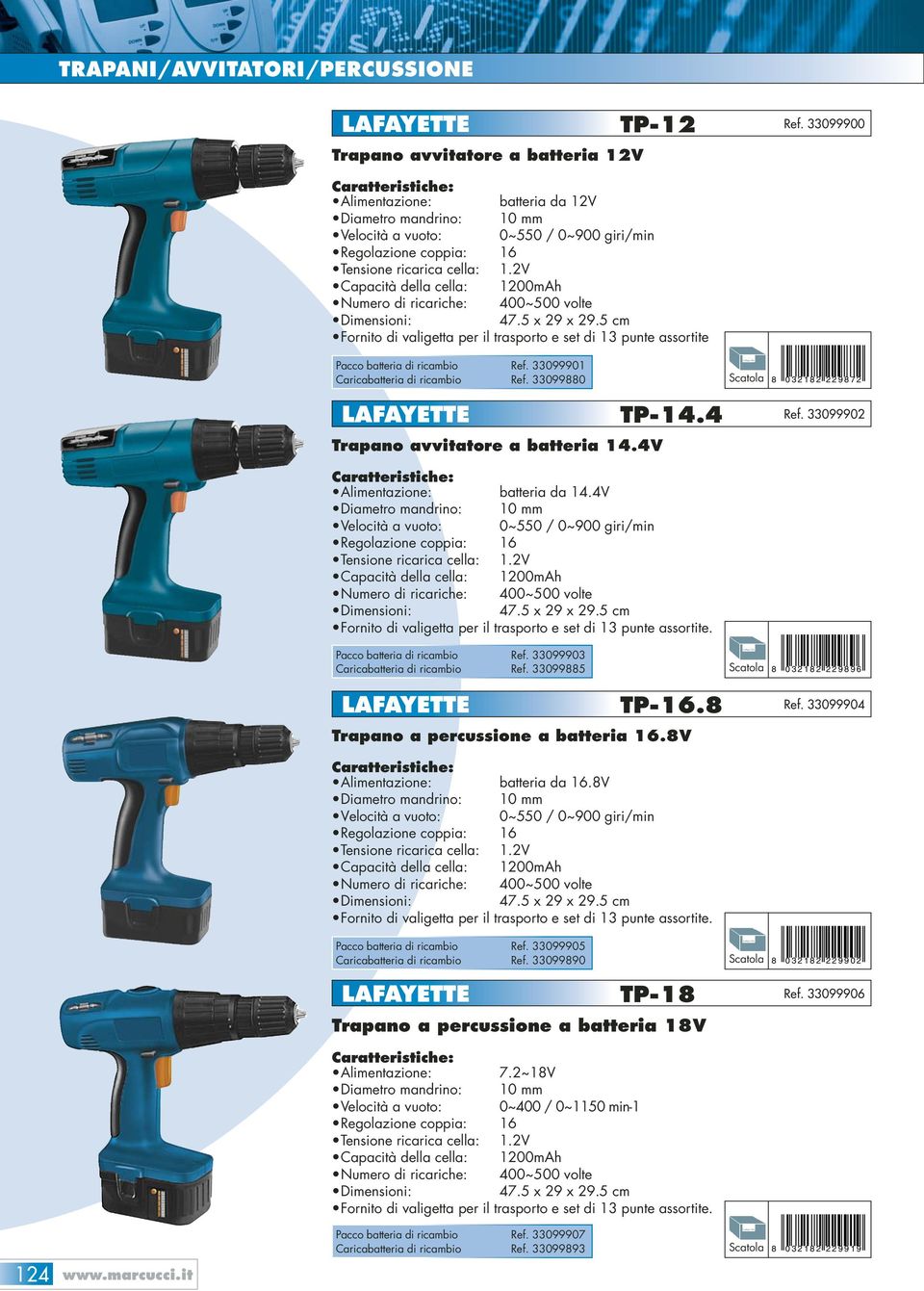 2V Capacità della cella: 1200mAh Numero di ricariche: 400~500 volte Dimensioni: 47.5 x 29 x 29.5 cm Fornito di valigetta per il trasporto e set di 13 punte assortite Pacco batteria di ricambio Ref.