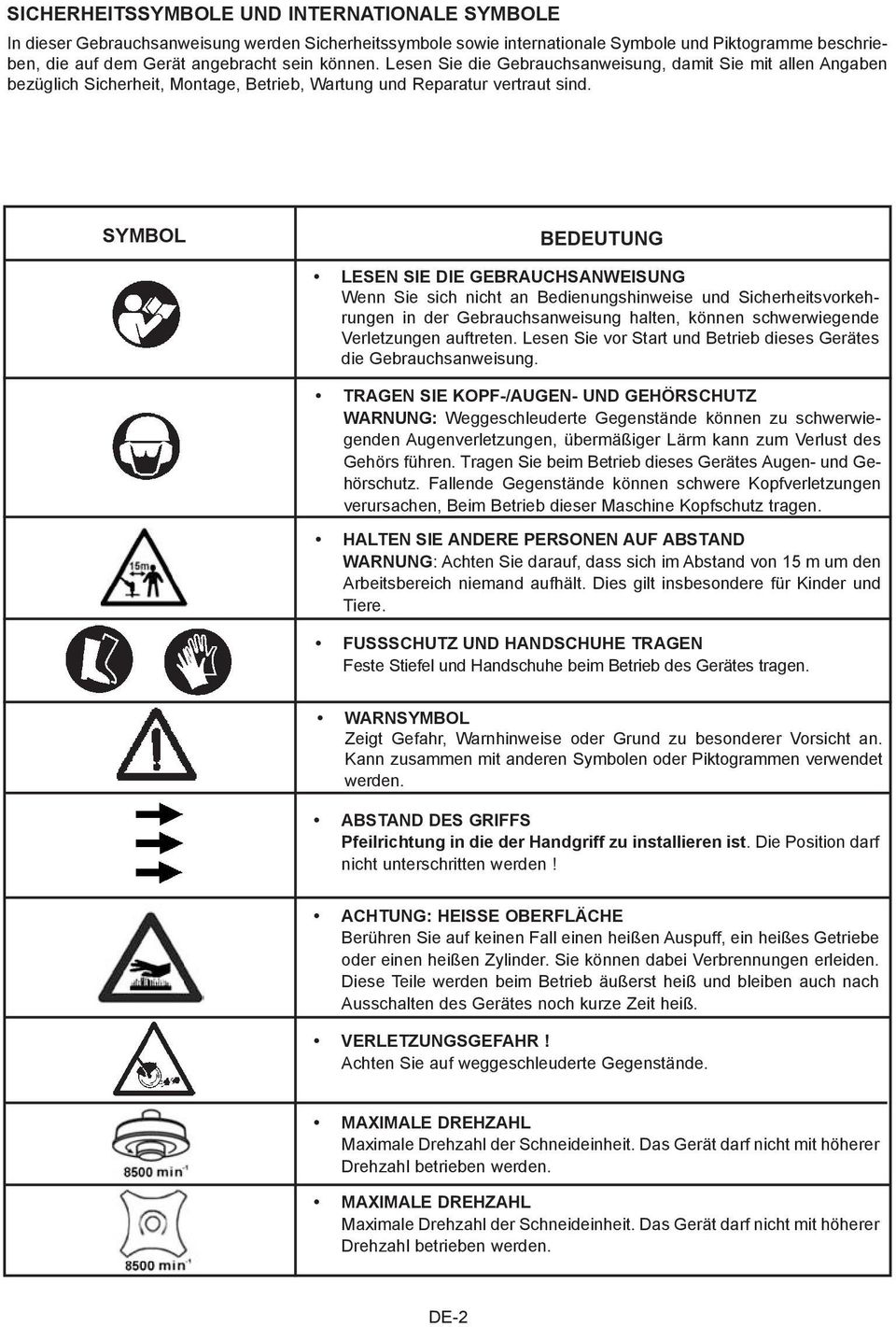 SYMBOL BEDEUTUNG LESEN SIE DIE GEBRAUCHSANWEISUNG Wenn Sie sich nicht an Bedienungshinweise und Sicherheitsvorkehrungen in der Gebrauchsanweisung halten, können schwerwiegende Verletzungen auftreten.