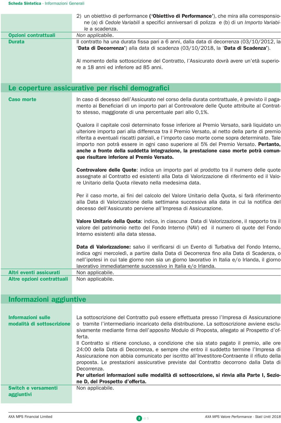 Il contratto ha una durata fissa pari a 6 anni, dalla data di decorrenza (03/10/2012, la Data di Decorrenza ) alla data di scadenza (03/10/2018, la Data di Scadenza ).