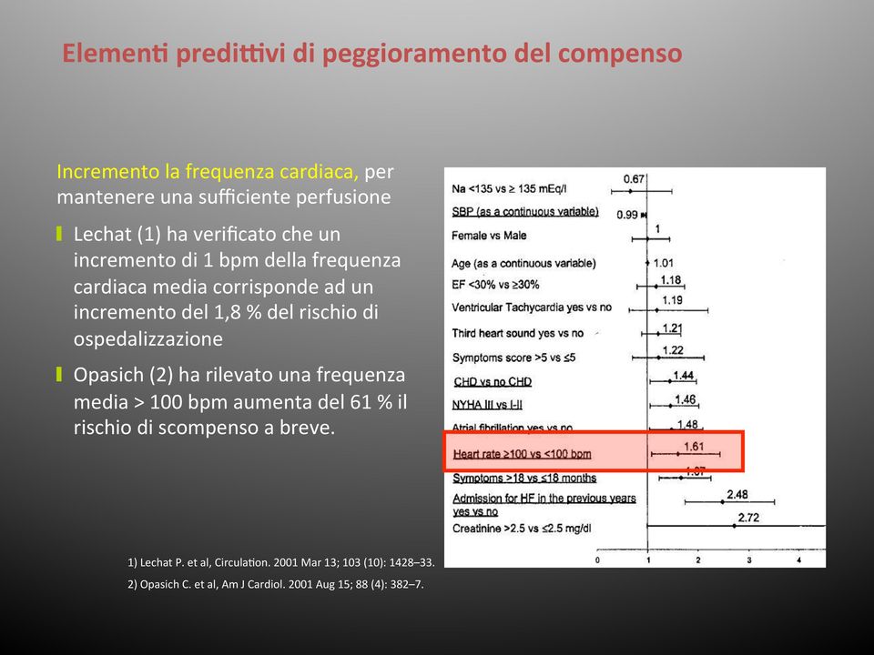 rischio di ospedalizzazione " Opasich (2) ha rilevato una frequenza media > 100 bpm aumenta del 61 % il rischio di scompenso a