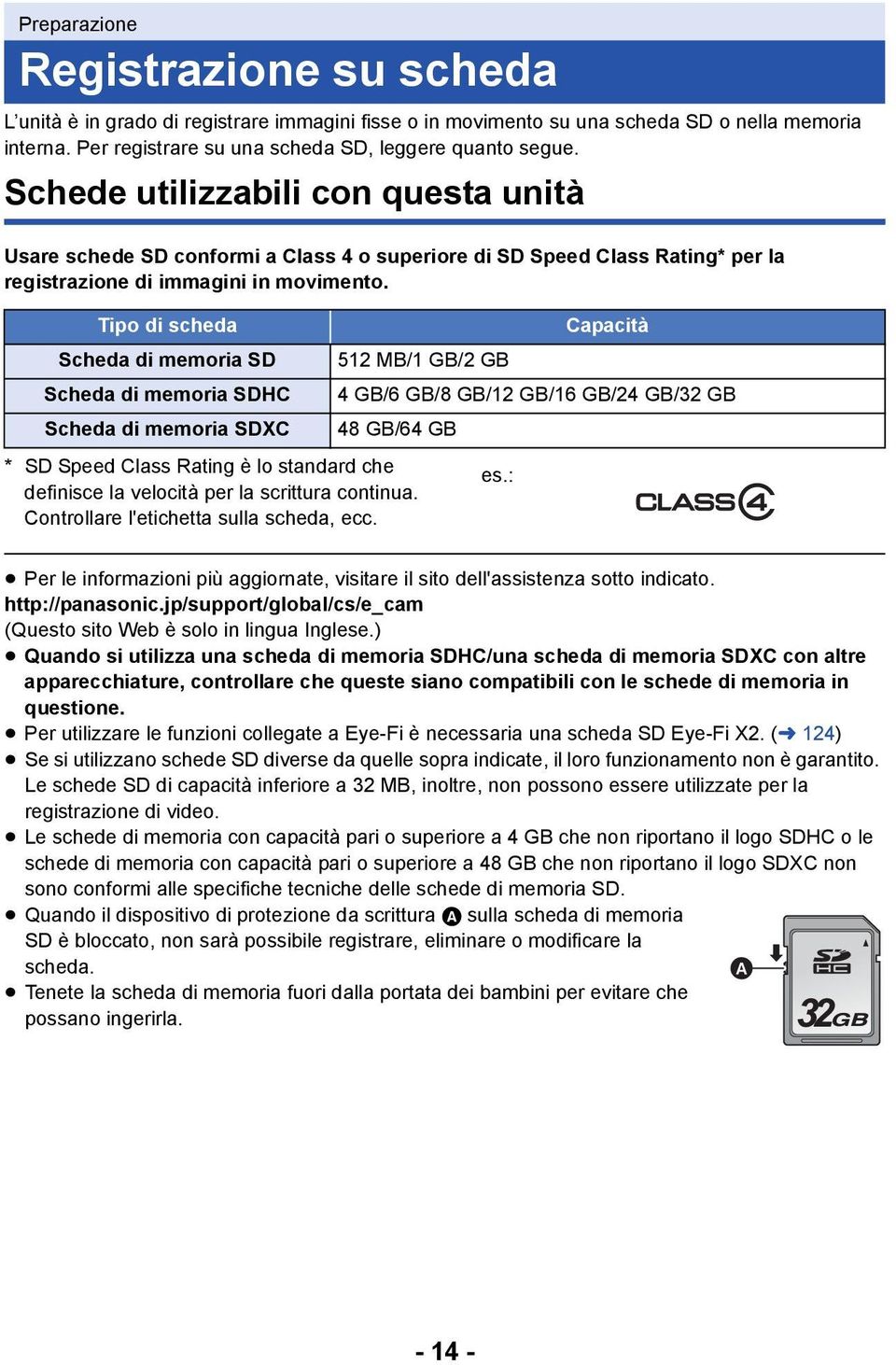 Tipo di scheda Scheda di memoria SD Scheda di memoria SDHC Scheda di memoria SDXC 512 MB/1 GB/2 GB * SD Speed Class Rating è lo standard che definisce la velocità per la scrittura continua.