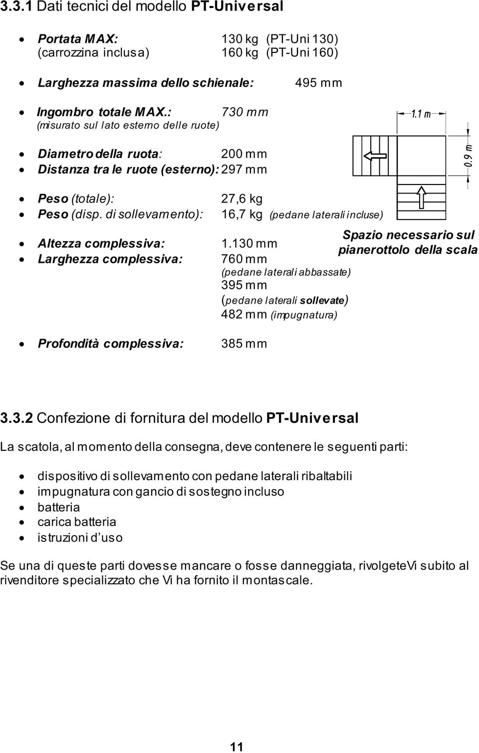 di sollevamento): Altezza complessiva: Larghezza complessiva: Profondità complessiva: 27,6 kg 16,7 kg (pedane laterali incluse) Spazio necessario sul 1.