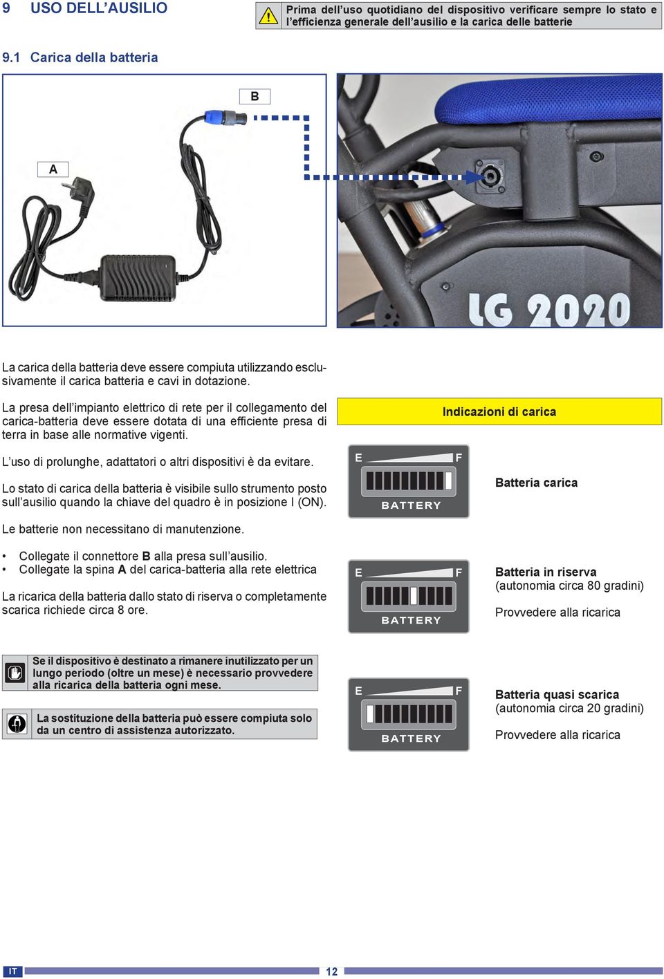 La presa dell impianto elettrico di rete per il collegamento del carica-batteria deve essere dotata di una efficiente presa di terra in base alle normative vigenti.