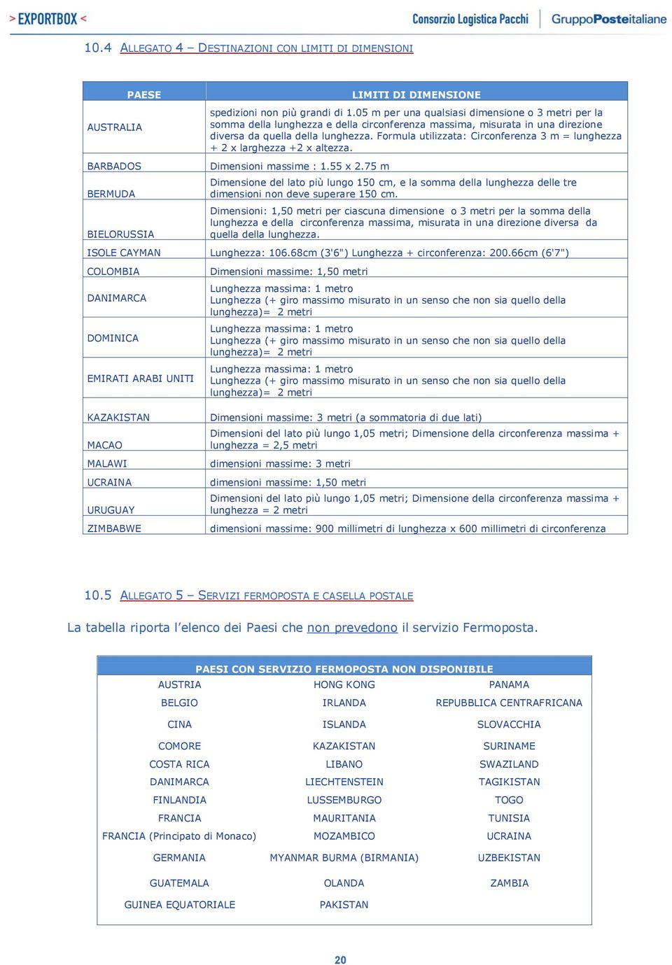 05 m per una qualsiasi dimensione o 3 metri per la somma della lunghezza e della circonferenza massima, misurata in una direzione diversa da quella della lunghezza.