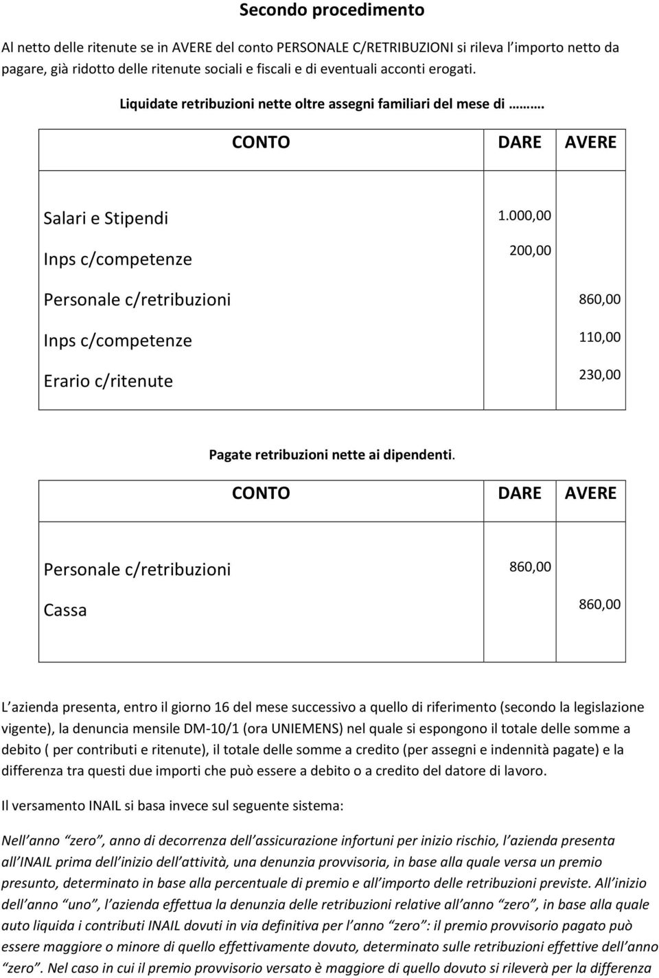 Personale c/retribuzioni 860,00 Cassa 860,00 L azienda presenta, entro il giorno 16 del mese successivo a quello di riferimento (secondo la legislazione vigente), la denuncia mensile DM-10/1 (ora