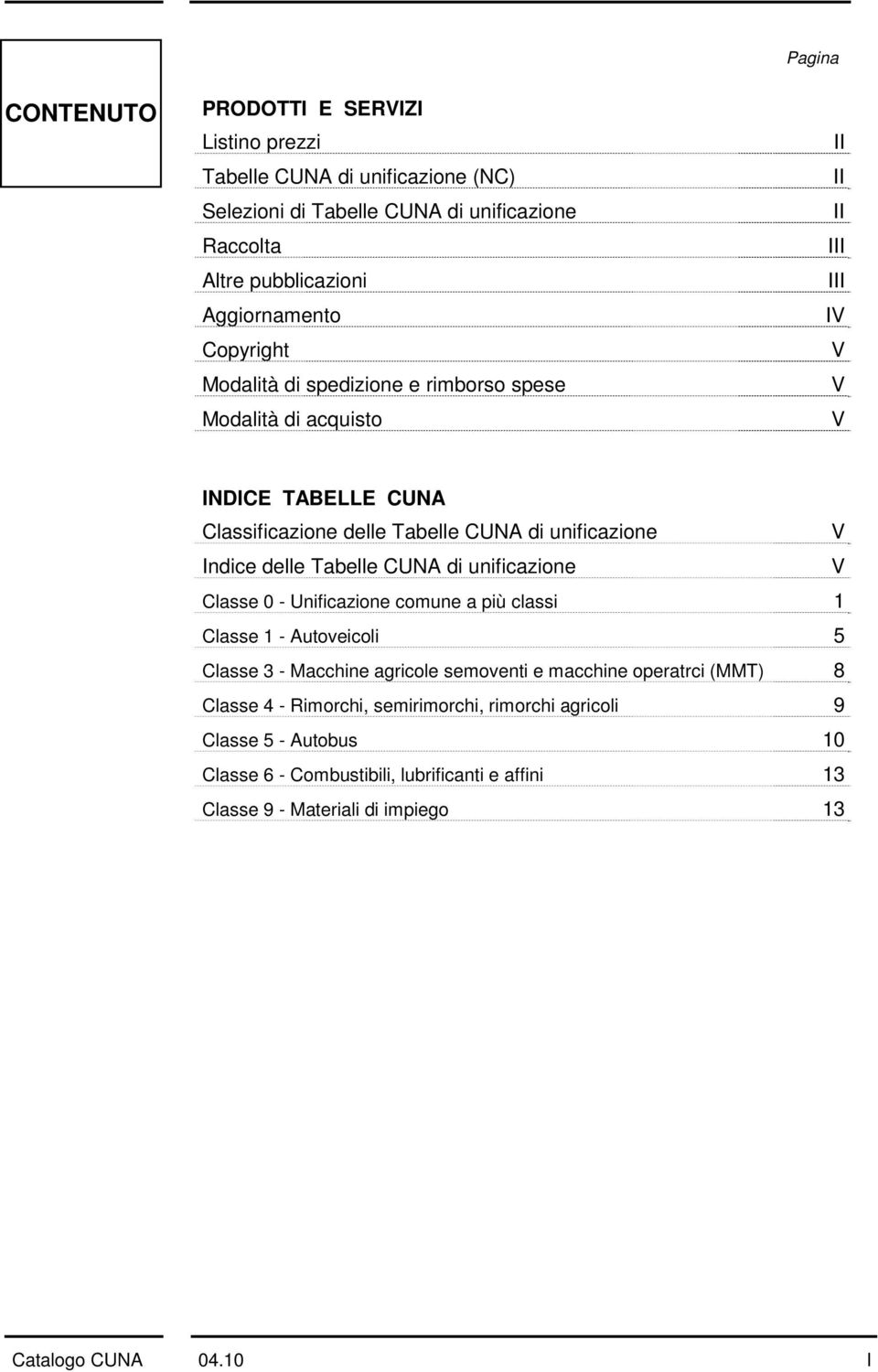 delle Tabelle CUNA di unificazione V Classe 0 - Unificazione comune a più classi 1 Classe 1 - Autoveicoli 5 Classe 3 - Macchine agricole semoventi e macchine operatrci (MMT) 8