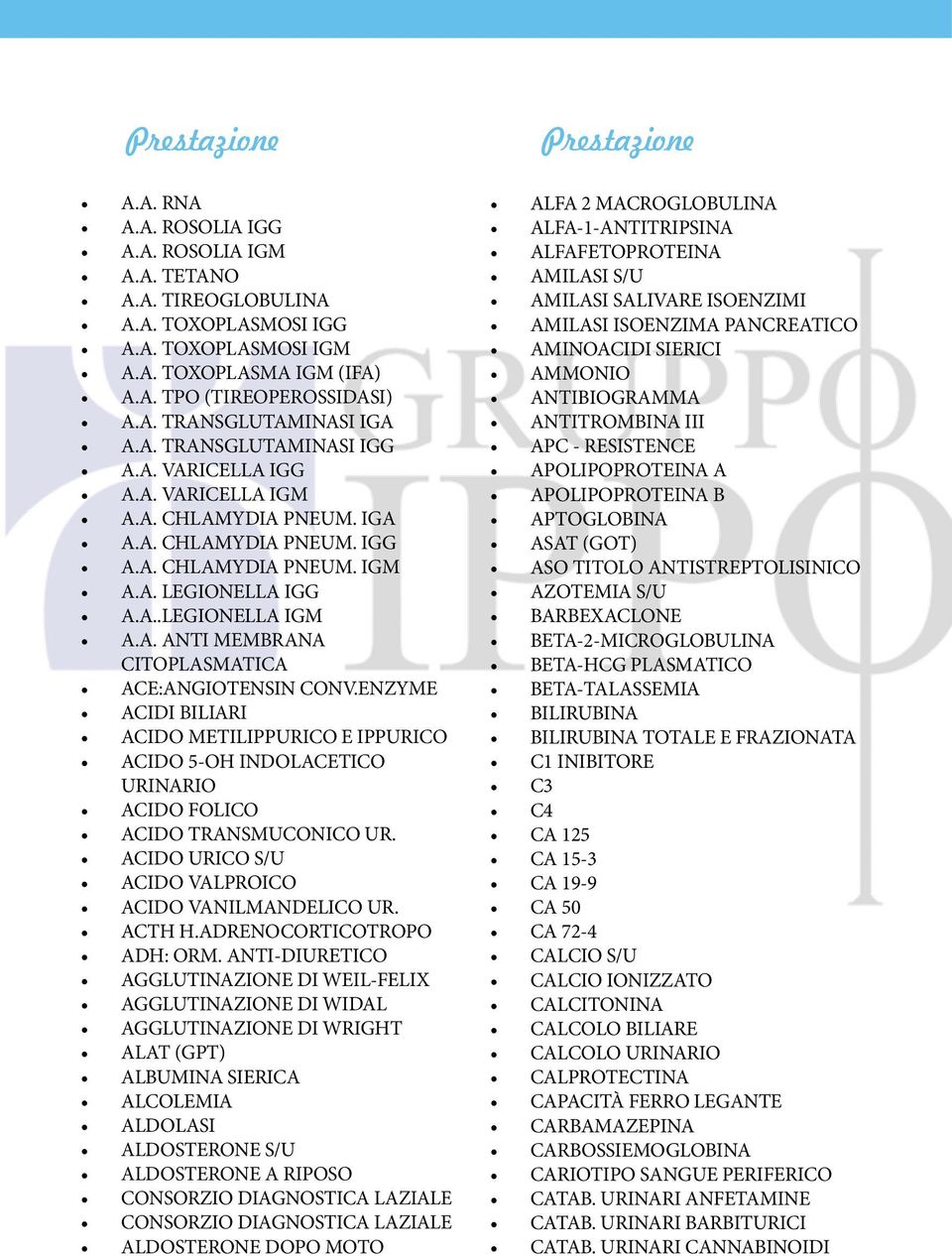 ENZYME ACIDI BILIARI ACIDO METILIPPURICO E IPPURICO ACIDO 5-OH INDOLACETICO URINARIO ACIDO FOLICO ACIDO TRANSMUCONICO UR. ACIDO URICO S/U ACIDO VALPROICO ACIDO VANILMANDELICO UR. ACTH H.