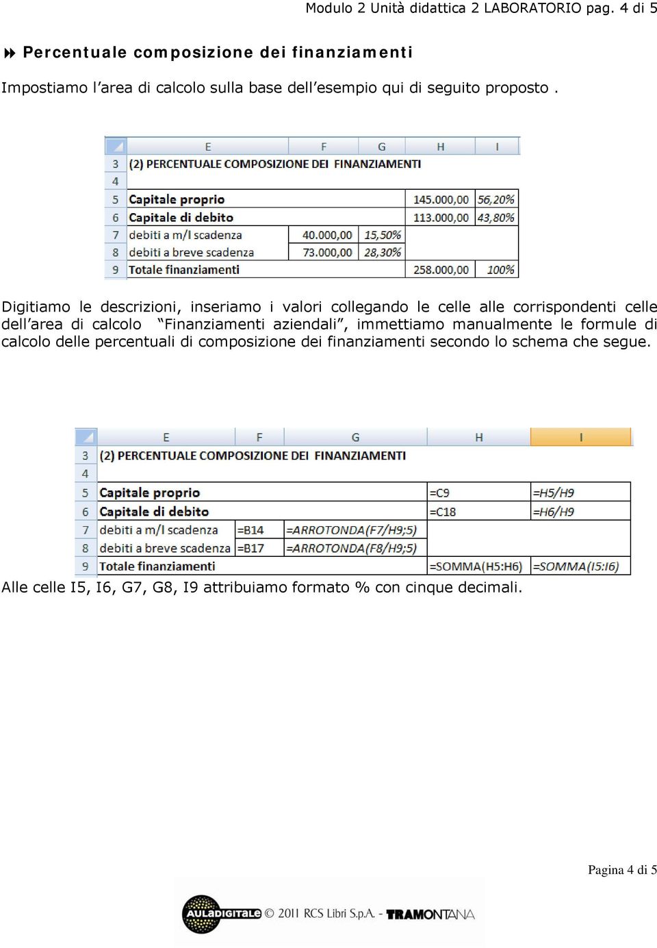 Digitiamo le descrizioni, inseriamo i valori collegando le celle alle corrispondenti celle dell area di calcolo Finanziamenti