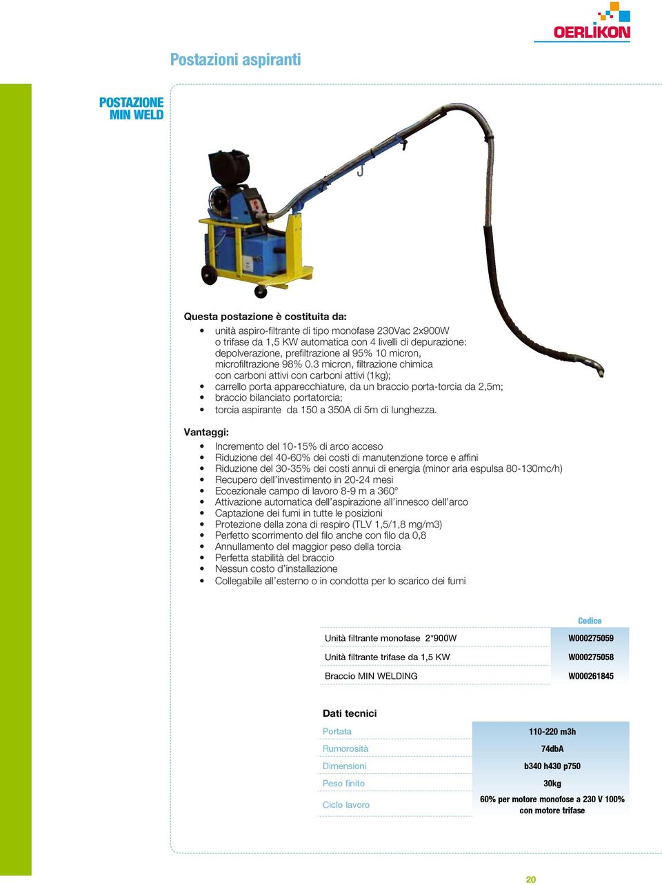 3 micron, filtrazione chimica con carboni attivi con carboni attivi (1kg); carrello porta apparecchiature, da un braccio porta-torcia da 2,5m; braccio bilanciato portatorcia; torcia aspirante da 150