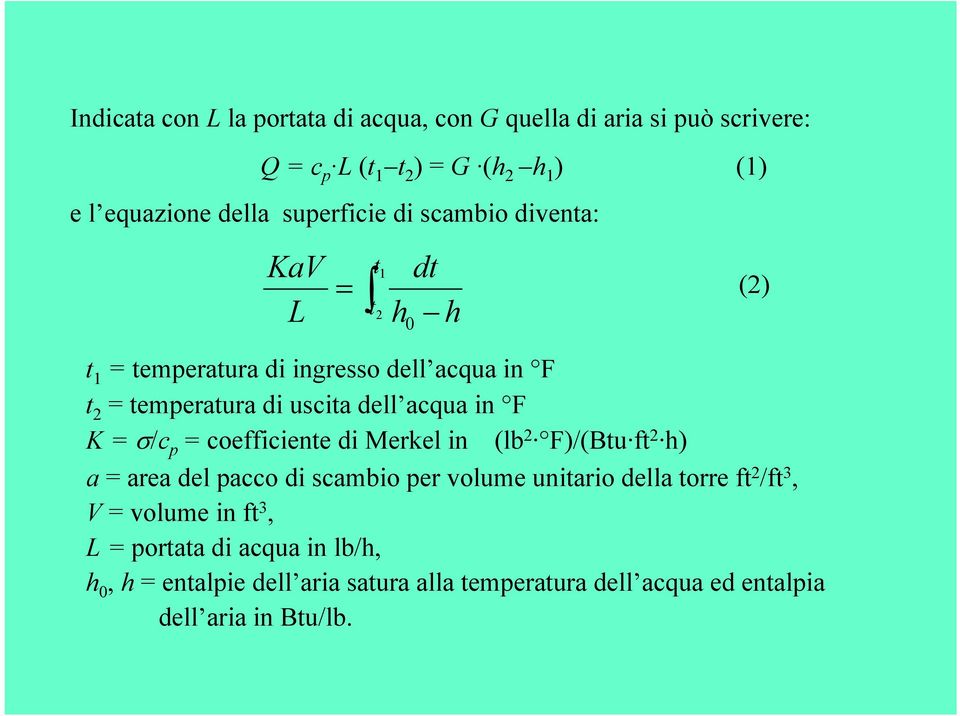 in F K = σ/c p = coefficiente di Merkel in (lb2 F)/(Btu ft2 h) a = area del pacco di scambio per volume unitario della torre ft 2 /ft 3, V