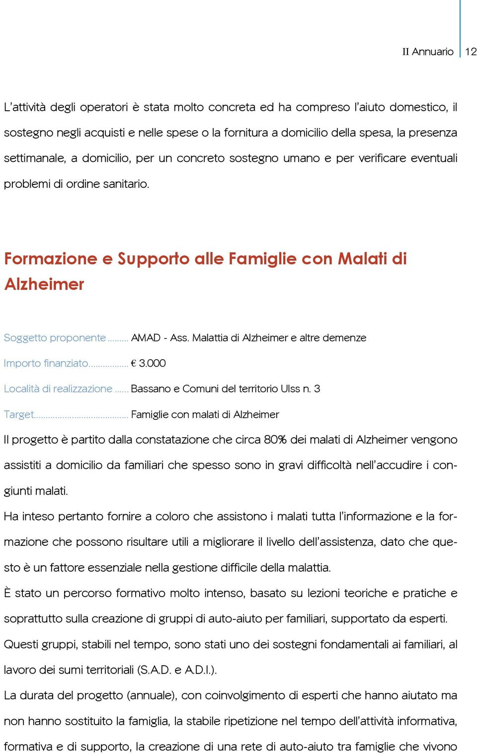 .. AMAD - Ass. Malattia di Alzheimer e altre demenze Importo finanziato... 3.000 Località di realizzazione... Bassano e Comuni del territorio Ulss n. 3 Target.