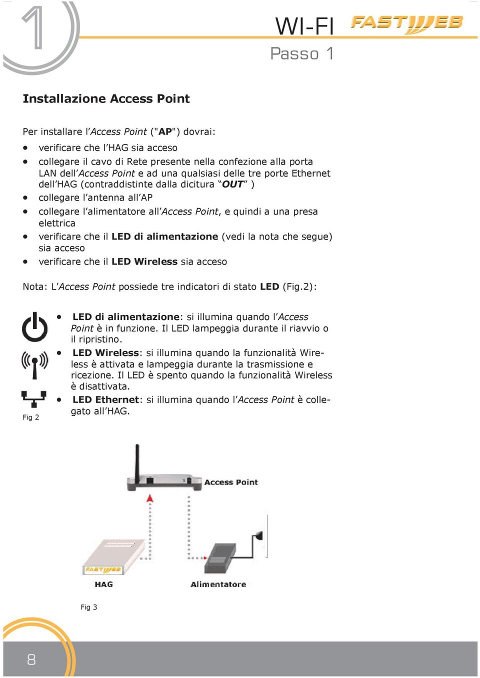 verificare che il LED di alimentazione (vedi la nota che segue) sia acceso verificare che il LED Wireless sia acceso Nota: L Access Point possiede tre indicatori di stato LED (Fig.