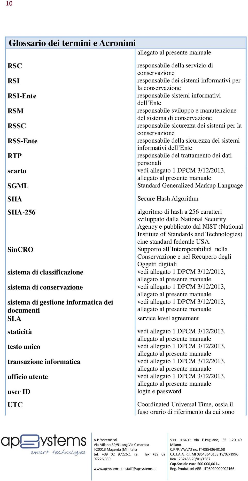 Ente RTP responsabile del trattamento dei dati personali scarto vedi allegato 1 DPCM 3/12/2013, SGML Standard Generalized Markup Language SHA Secure Hash Algorithm SHA-256 algoritmo di hash a 256