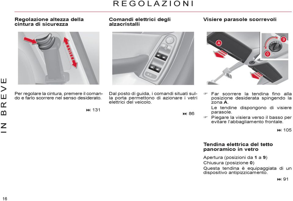 86 Far scorrere la tendina fi no alla posizione desiderata spingendo la zona A. Le tendine dispongono di visiere parasole.