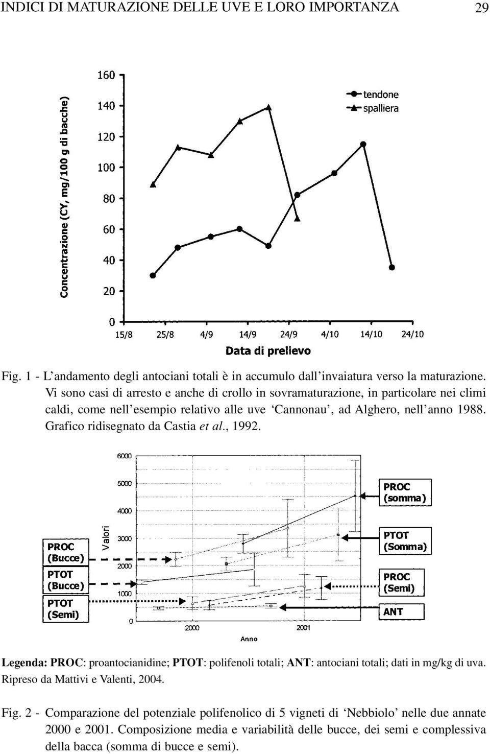 Grafico ridisegnato da Castia et al., 1992. Legenda: PROC: proantocianidine; PTOT: polifenoli totali; ANT: antociani totali; dati in mg/kg di uva.