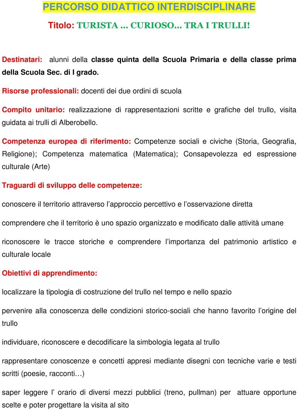 Competenza europea di riferimento: Competenze sociali e civiche (Storia, Geografia, Religione); Competenza matematica (Matematica); Consapevolezza ed espressione culturale (Arte) Traguardi di