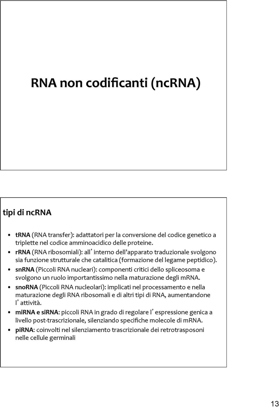 snrna (Piccoli RNA nucleari): componenti critici dello spliceosoma e svolgono un ruolo importantissimo nella maturazione degli mrna.
