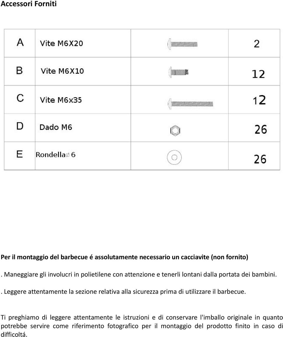 . Leggere attentamente la sezione relativa alla sicurezza prima di utilizzare il barbecue.