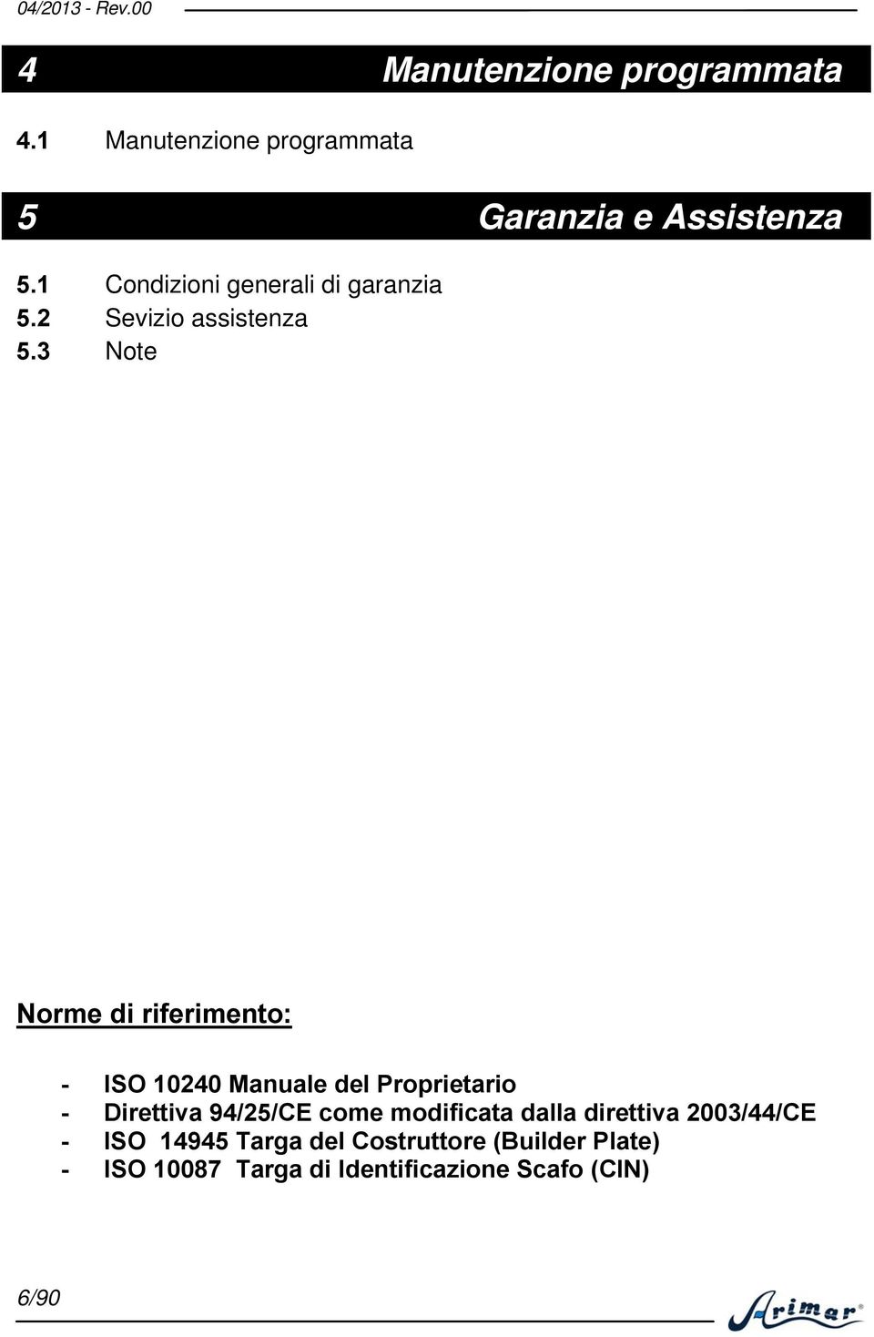 3 Note Norme di riferimento: - ISO 10240 Manuale del Proprietario - Direttiva 94/25/CE come