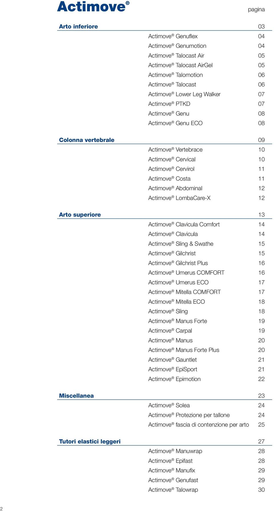 Actimove LombaCare-X 12 Arto superiore 13 Actimove Clavicula Comfort 14 Actimove Clavicula 14 Actimove Sling & Swathe 15 Actimove Gilchrist 15 Actimove Gilchrist Plus 16 Actimove Umerus COMFORT 16