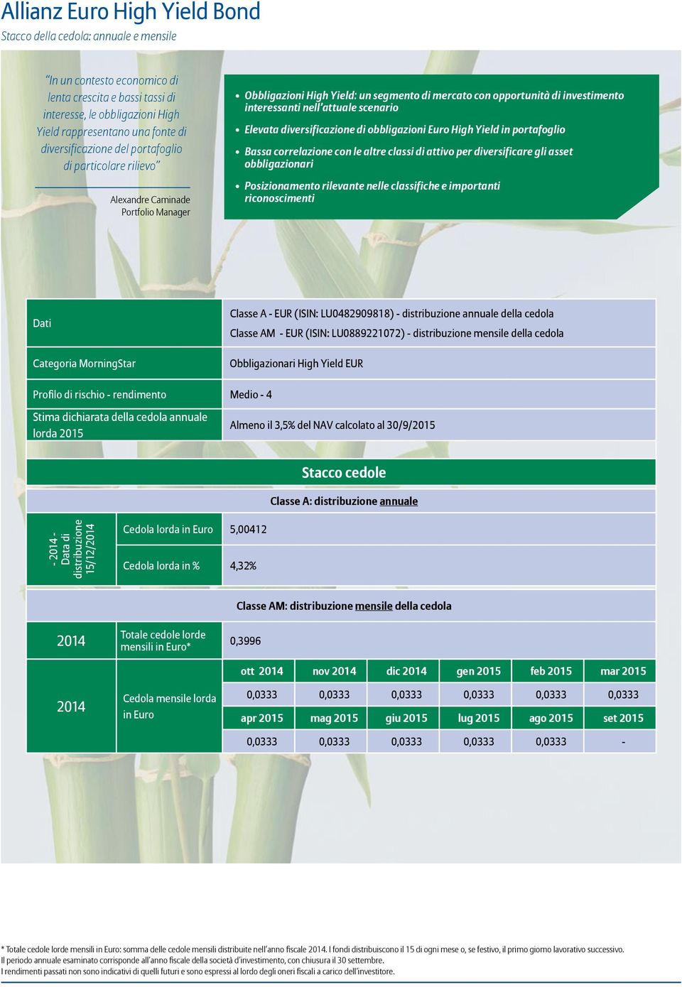 diversificazione di obbligazioni Euro High Yield in portafoglio Bassa correlazione con le altre classi di attivo per diversificare gli asset obbligazionari Posizionamento rilevante nelle classifiche