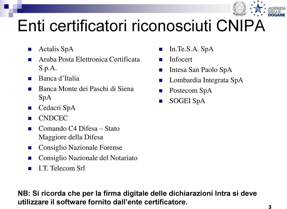 Comando C4 Difesa Stato Maggiore della Difesa Consiglio Nazionale Forense Consiglio Nazionale del Notariato I.T. Telecom Srl In.