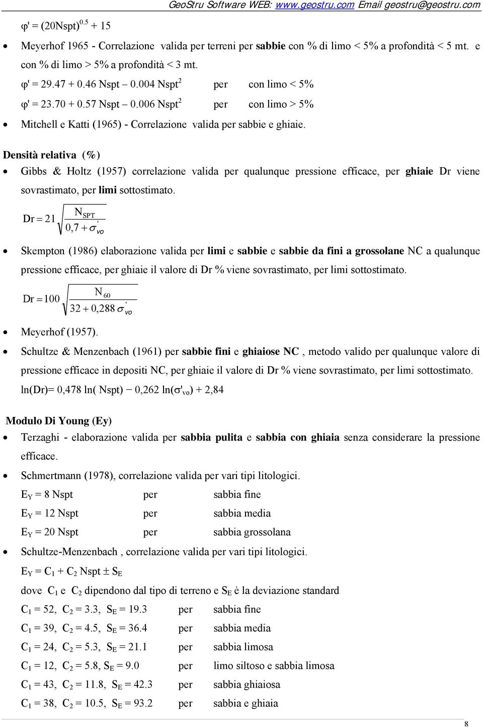 Densità relativa (%) Gibbs & Holtz (1957) correlazione valida per qualunque pressione efficace, per ghiaie Dr viene sovrastimato, per limi sottostimato.