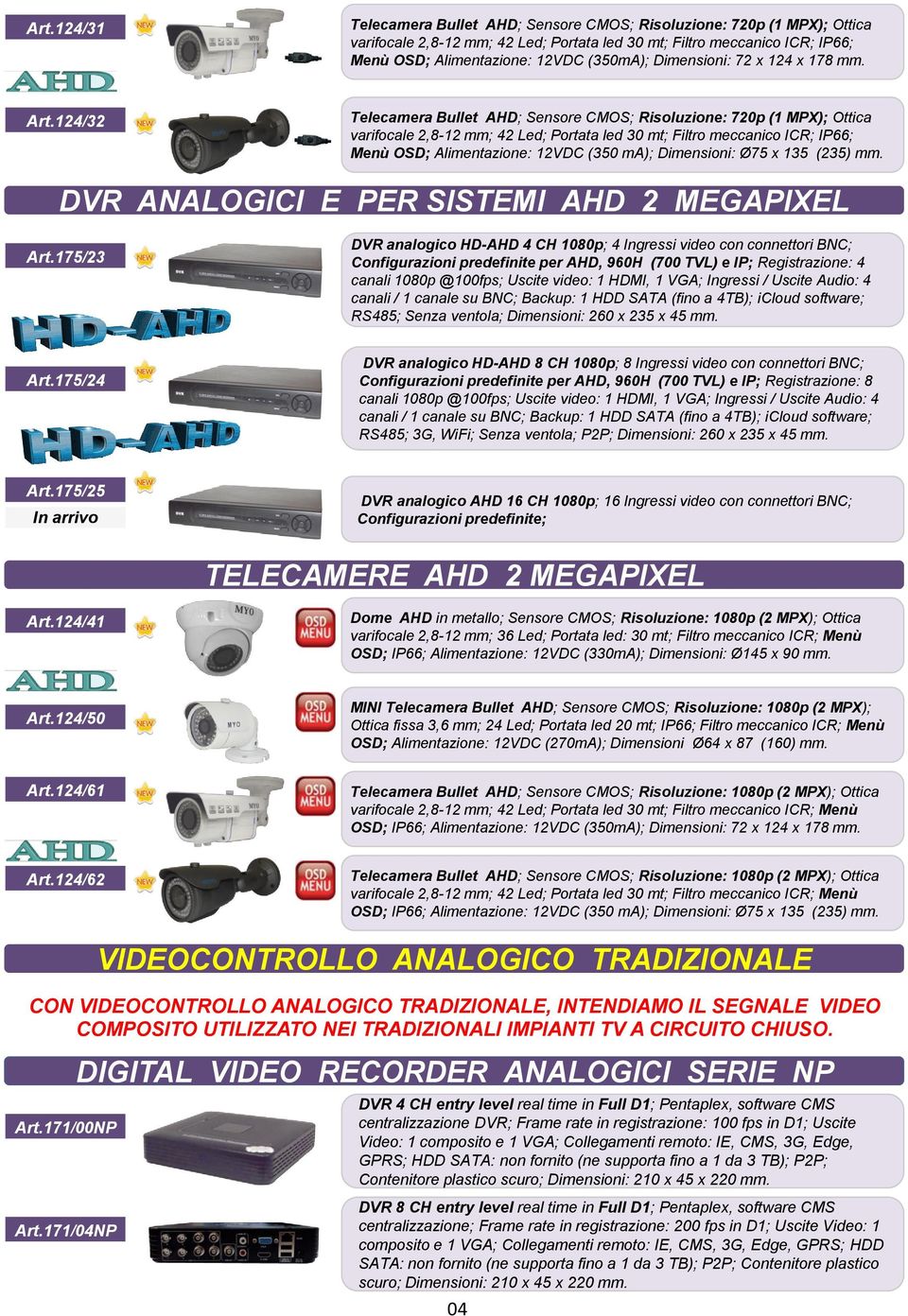 124/32 Telecamera Bullet AHD; Sensore CMOS; Risoluzione: 720p (1 MPX); Ottica varifocale 2,8-12 mm; 42 Led; Portata led 30 mt; Filtro meccanico ICR; IP66; Menù OSD; Alimentazione: 12VDC (350 ma);