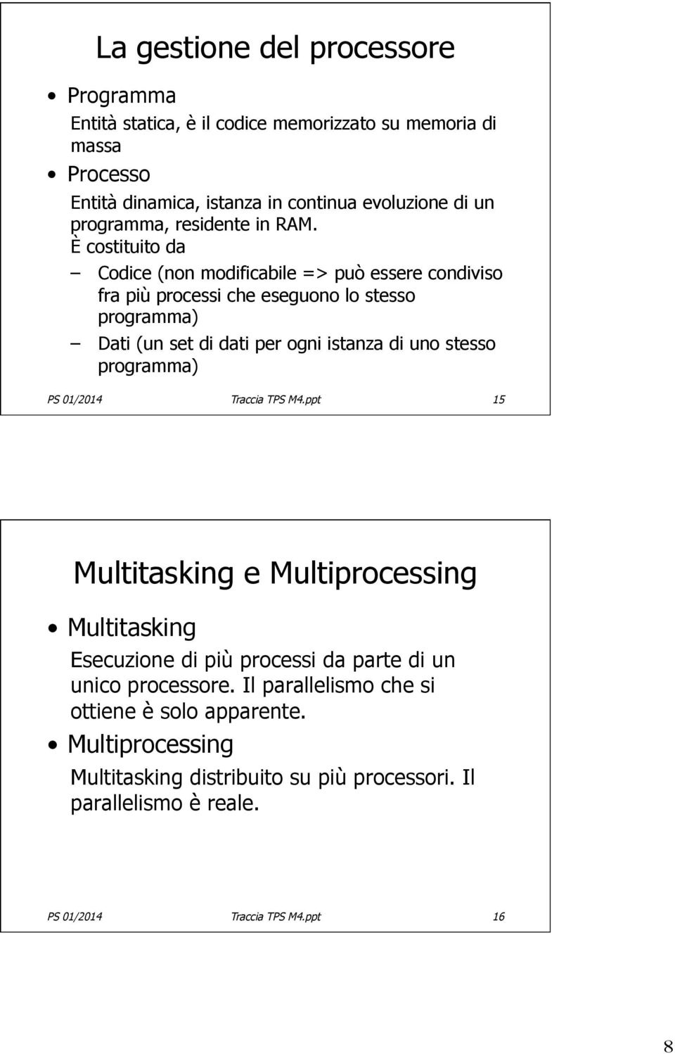 È costituito da Codice (non modificabile => può essere condiviso fra più processi che eseguono lo stesso programma) Dati (un set di dati per ogni istanza di uno stesso