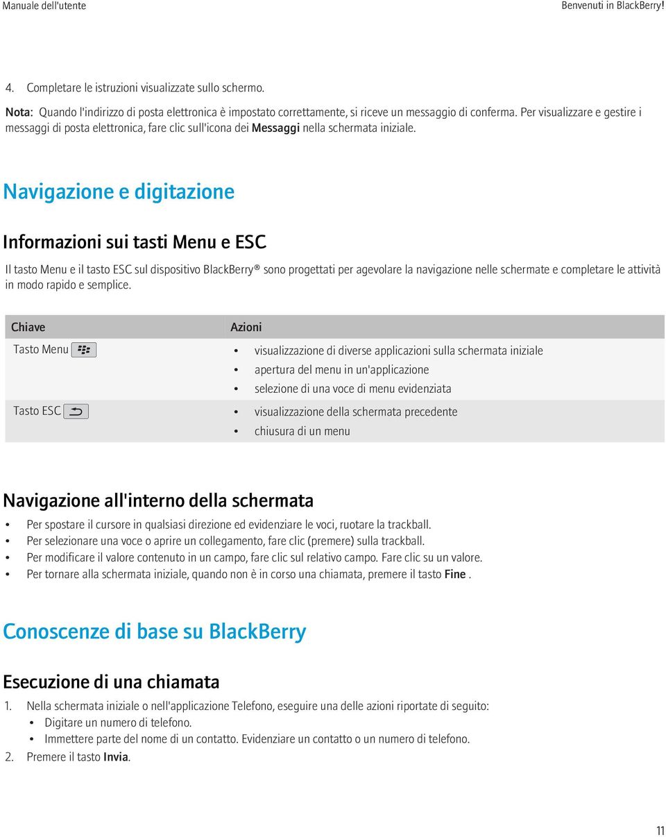 Navigazione e digitazione Informazioni sui tasti Menu e ESC Il tasto Menu e il tasto ESC sul dispositivo BlackBerry sono progettati per agevolare la navigazione nelle schermate e completare le