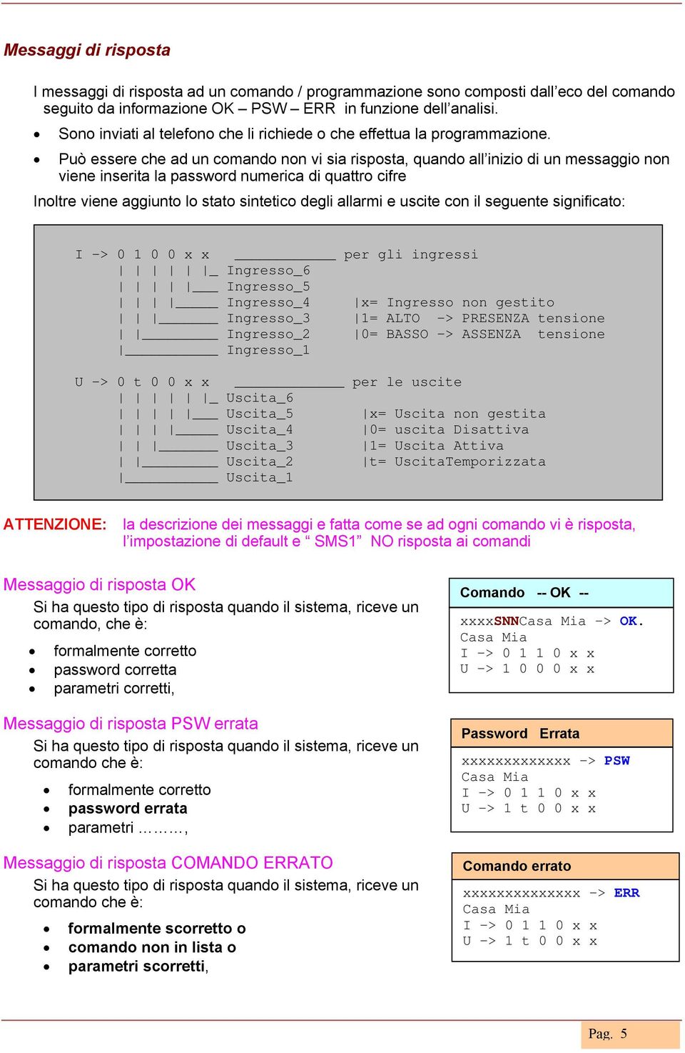 Può essere che ad un comando non vi sia risposta, quando all inizio di un messaggio non viene inserita la password numerica di quattro cifre Inoltre viene aggiunto lo stato sintetico degli allarmi e