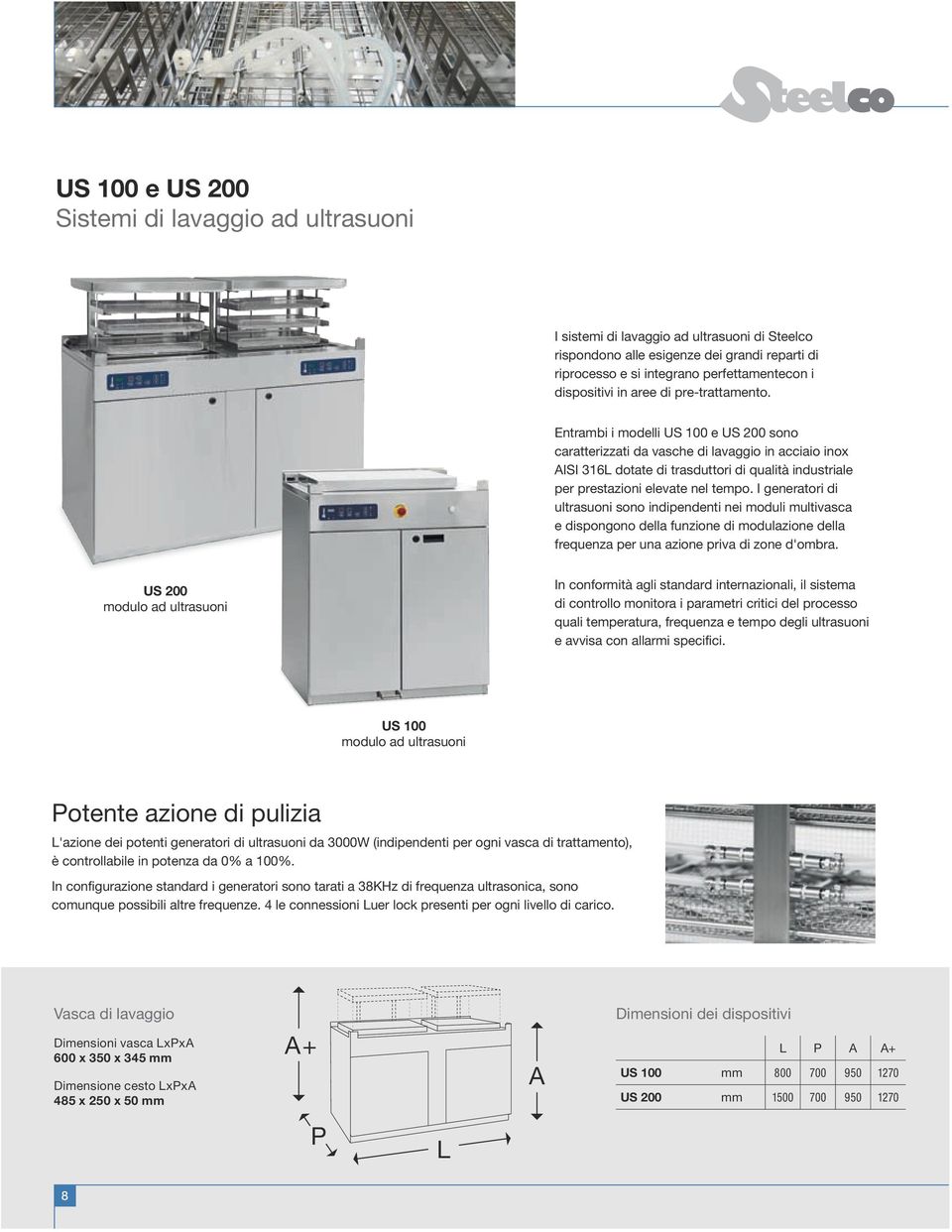 Entrambi i modelli US 100 e US 200 sono caratterizzati da vasche di lavaggio in acciaio inox AISI 316L dotate di trasduttori di qualità industriale per prestazioni elevate nel tempo.
