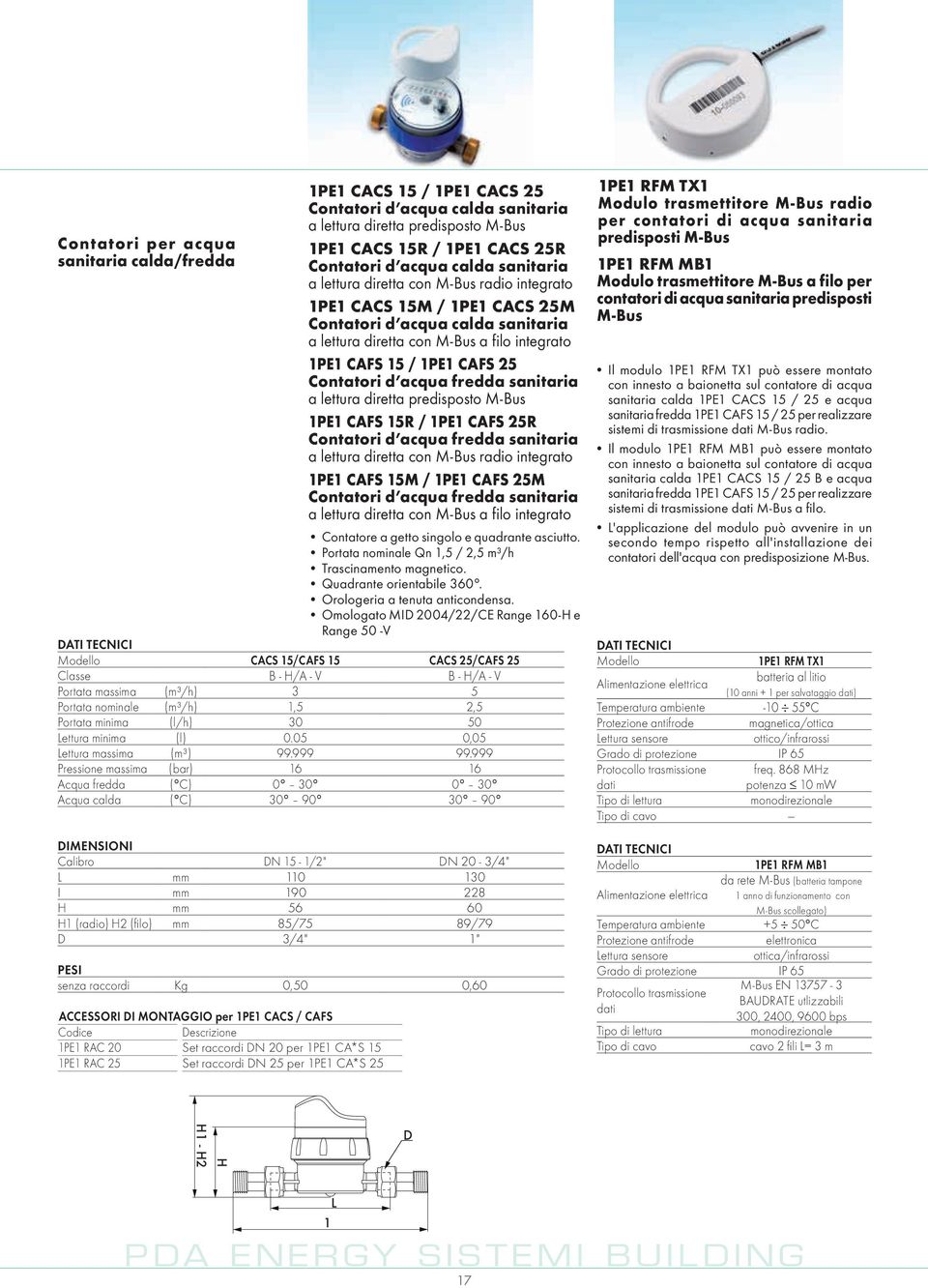 Contatori d acqua fredda sanitaria a lettura diretta predisposto M-Bus 1PE1 CAFS 15R / 1PE1 CAFS 25R Contatori d acqua fredda sanitaria a lettura diretta con M-Bus radio integrato 1PE1 CAFS 15M /