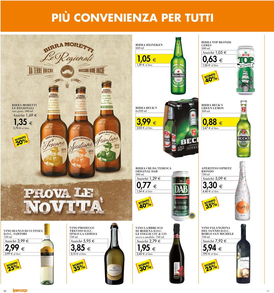 APERITIVO ISPRITZ RIONDO 75 0 m l A nzichè 5, 09 0, 77 1,54 al litro 3, 30 4,40 al litro VINO BIANCO DI CUSTOZA D.O.C. SARTORI 75 0 m l A nzichè 3, 99 VINO PROSECCO TREVISO D.O.C. SPAGO LA GIOIOSA 75 0 m l A nzichè 5, 95 VINO LAMBRUSCO DI MODENA D.