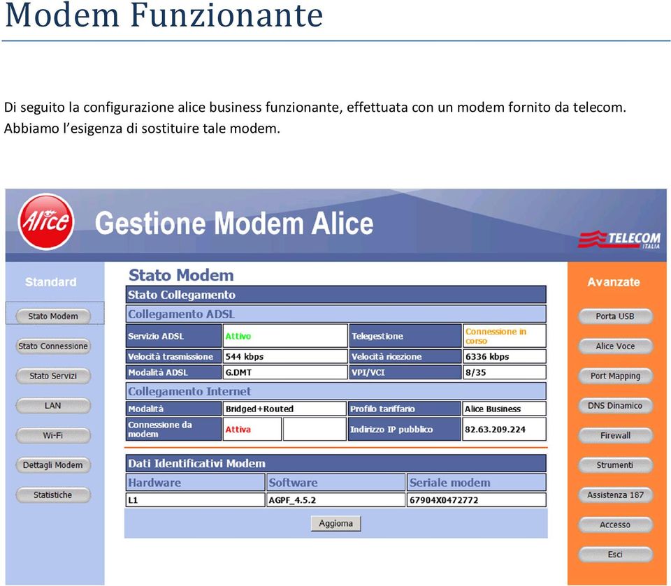 funzionante, effettuata con un modem