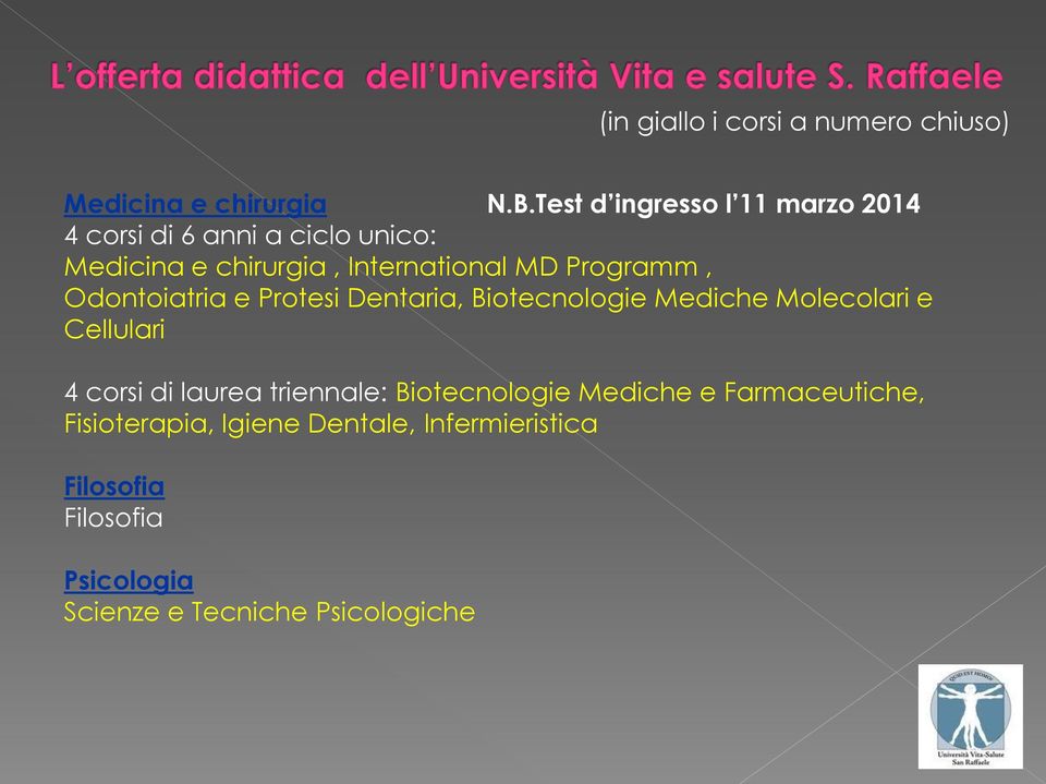 Programm, Odontoiatria e Protesi Dentaria, Biotecnologie Mediche Molecolari e Cellulari 4 corsi di laurea