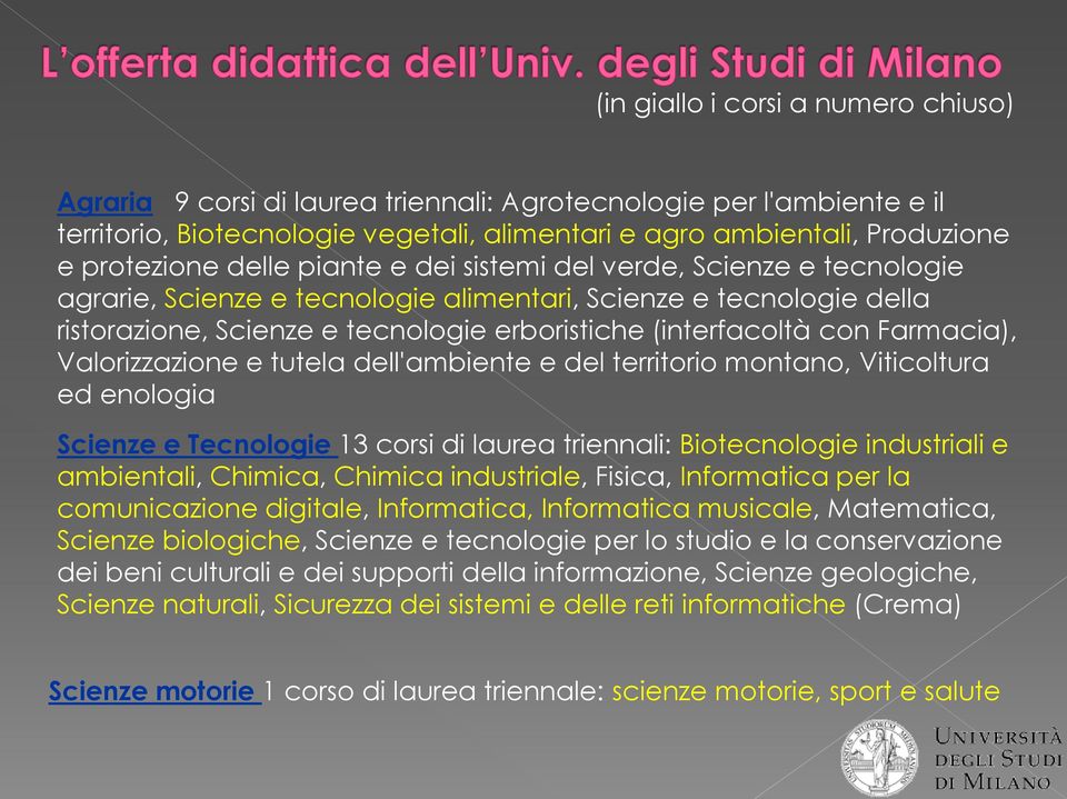 Farmacia), Valorizzazione e tutela dell'ambiente e del territorio montano, Viticoltura ed enologia Scienze e Tecnologie 13 corsi di laurea triennali: Biotecnologie industriali e ambientali, Chimica,