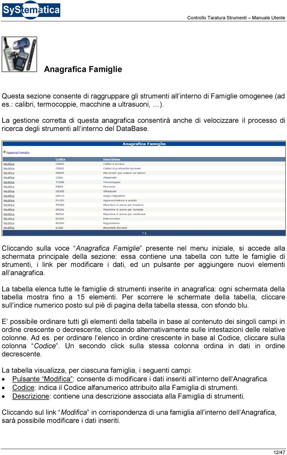 Cliccando sulla voce Anagrafica Famiglie presente nel menu iniziale, si accede alla schermata principale della sezione: essa contiene una tabella con tutte le famiglie di strumenti, i link per