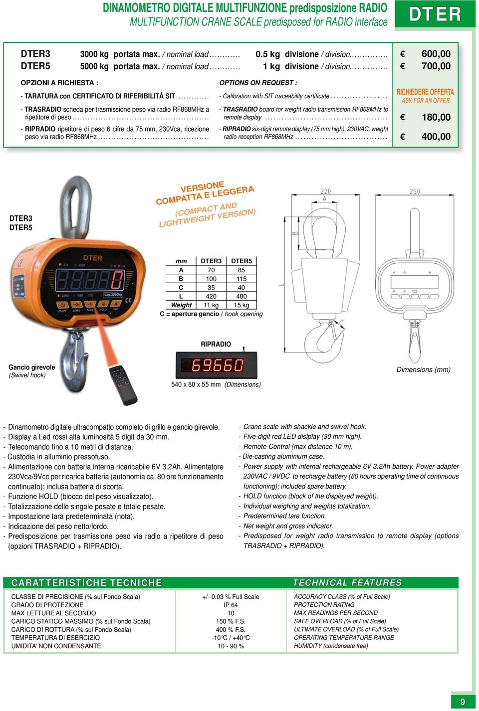 .............. 700,00 OPZIONI A RICHIESTA : OPTIONS ON REQUEST : - TARATURA con CERTIFICATO DI RIFERIBILITÀ SIT............. - Calibration with SIT traceability certificate.