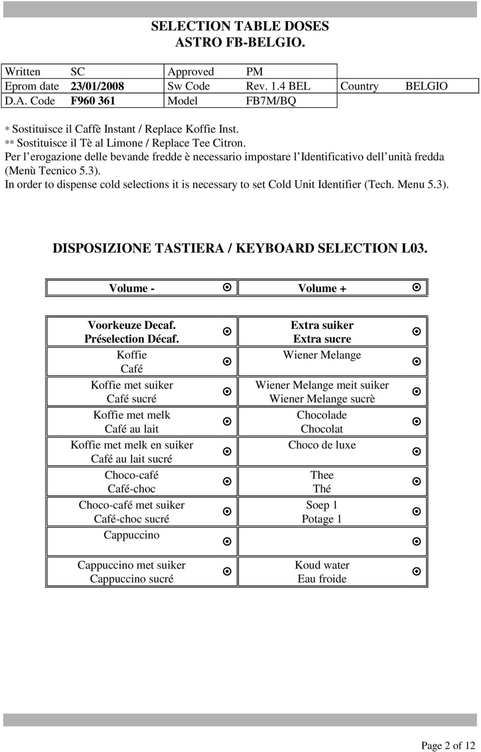 In order to dispense cold selections it is necessary to set Cold Unit Identifier (Tech. Menu 5.3). DISPOSIZIONE TASTIERA / KEYBOARD SELECTION L03. Volume - Volume + Voorkeuze Decaf.