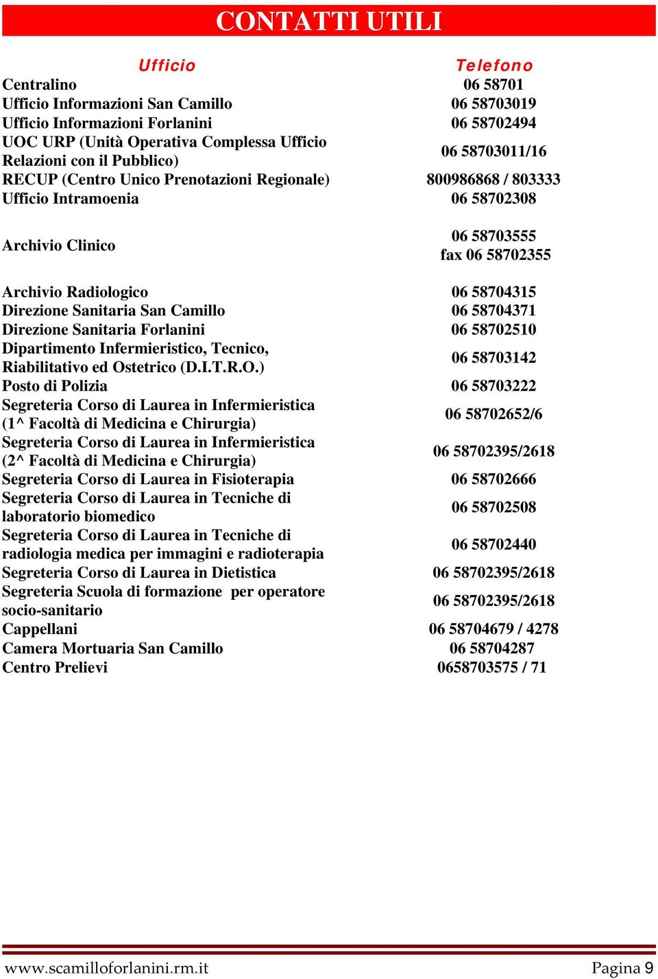 Sanitaria San Camillo 06 58704315 06 58704371 Direzione Sanitaria Forlanini 06 58702510 Dipartimento Infermieristico, Tecnico, Riabilitativo ed Os