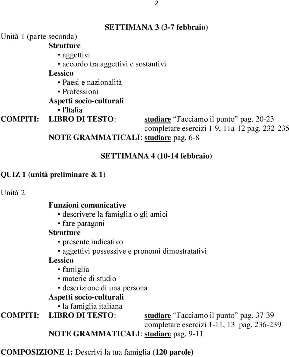 6-8 QUIZ 1 (unità preliminare & 1) Unità 2 SETTIMANA 4 (10-14 febbraio) descrivere la famiglia o gli amici fare paragoni presente indicativo aggettivi possessive e pronomi