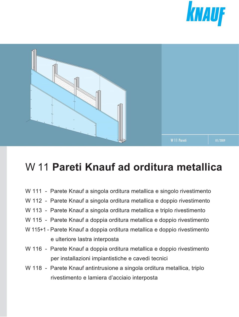 rivestimento W 115+1 - Parete Knauf a doppia orditura metallica e doppio rivestimento e ulteriore lastra interposta W 116 - Parete Knauf a doppia orditura metallica e