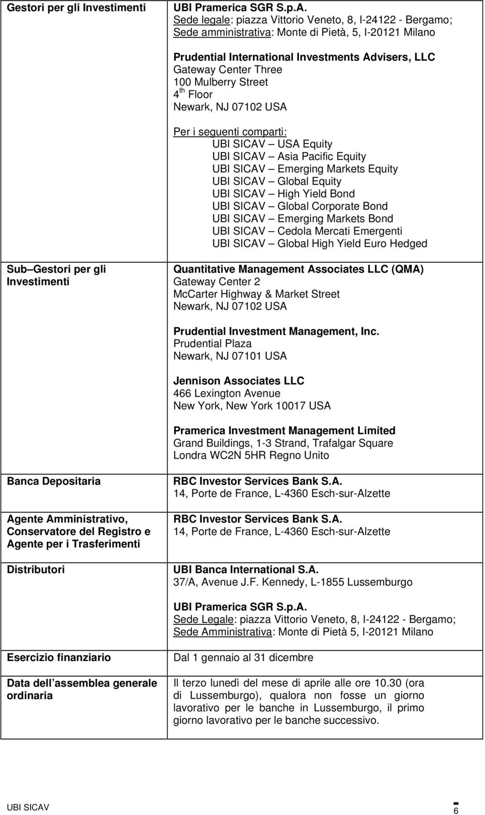 Street 4 th Floor Newark, NJ 07102 USA Per i seguenti comparti: UBI SICAV USA Equity UBI SICAV Asia Pacific Equity UBI SICAV Emerging Markets Equity UBI SICAV Global Equity UBI SICAV High Yield Bond