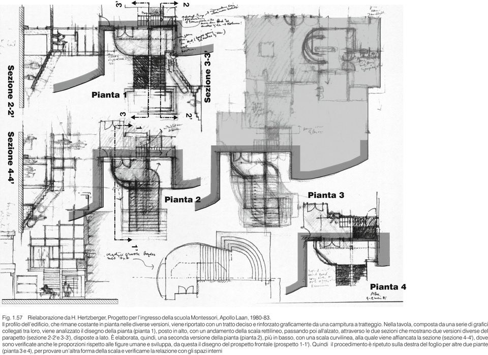 Nella tavola, composta da una serie di grafici collegati tra loro, viene analizzato il disegno della pianta (pianta 1), posto in alto, con un andamento della scala rettilineo, passando poi