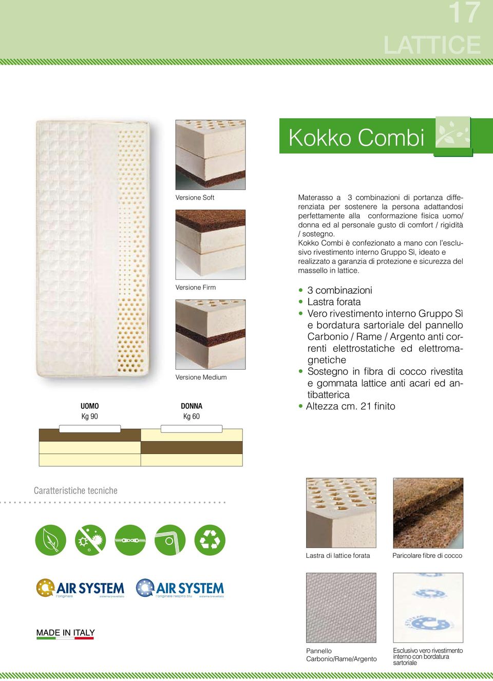 Kokko Combi è confezionato a mano con l esclusivo rivestimento interno Gruppo Sì, ideato e realizzato a garanzia di protezione e sicurezza del massello in lattice.