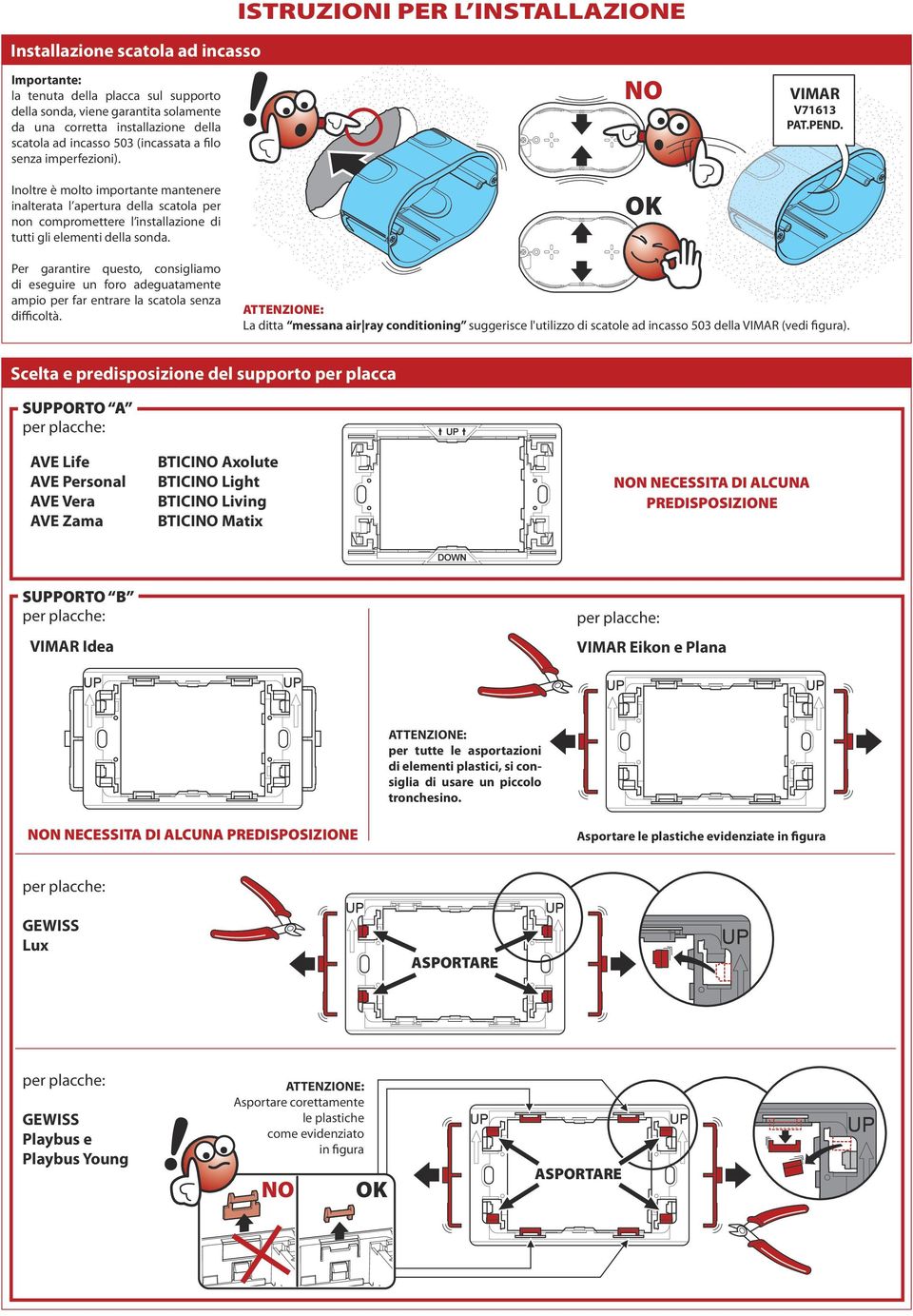 NO OK VIMAR V763 PAT.PEND. Per garantire questo, consigliamo di eseguire un foro adeguatamente ampio per far entrare la scatola senza difficoltà.