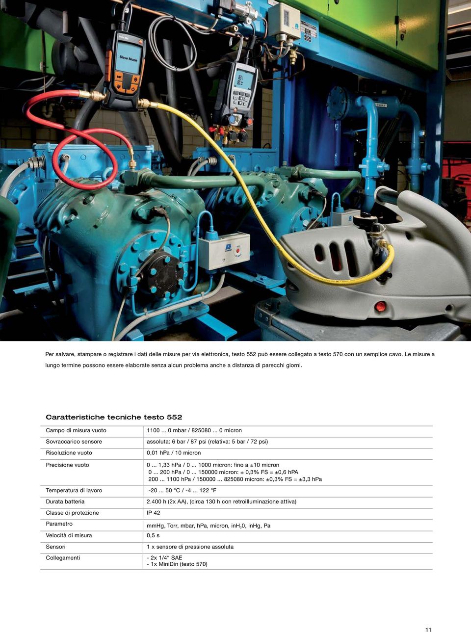 Caratteristiche tecniche testo Campo di misura vuoto Sovraccarico sensore Risoluzione vuoto 1100... 0 mbar / 825080.